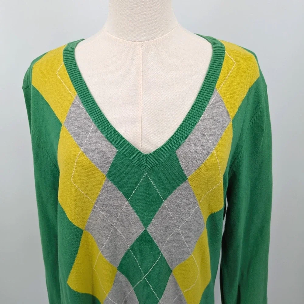 Izod Argyle‎ V-Neck Sweater Women's L Green Yellow Gray Preppy Retro Golfcore - Picture 6 of 9